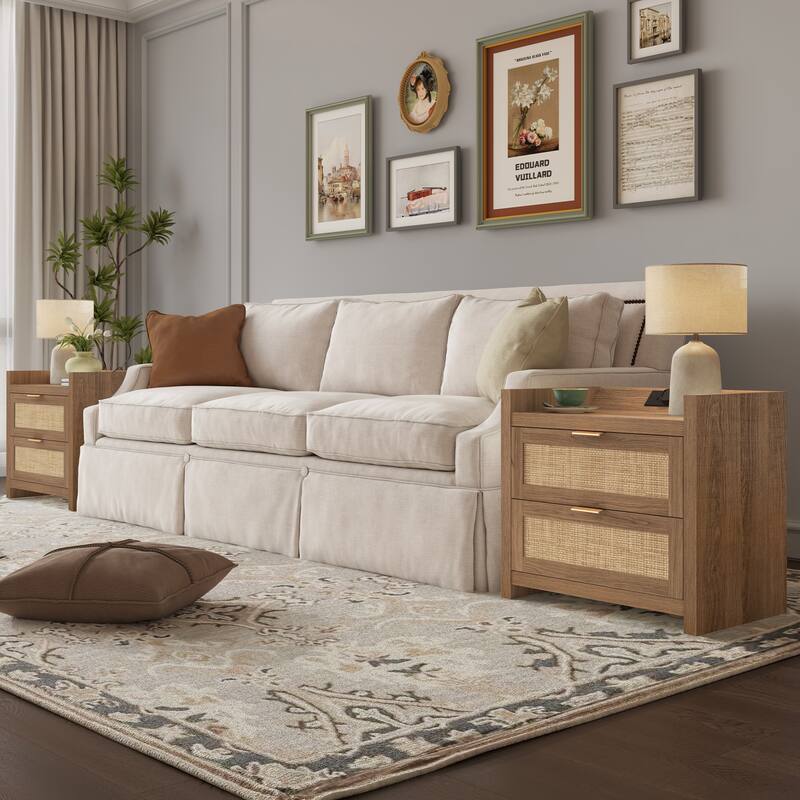 Farmhouse Nightstand with Charging Station and Drawers