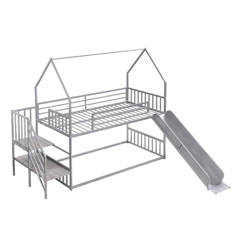 Twin Over Twin House Bunk Bed with Convertible Slide & Staircase, Metal Floor Bunk Beds Frame for Kids Boys Girls, Easy Assembly