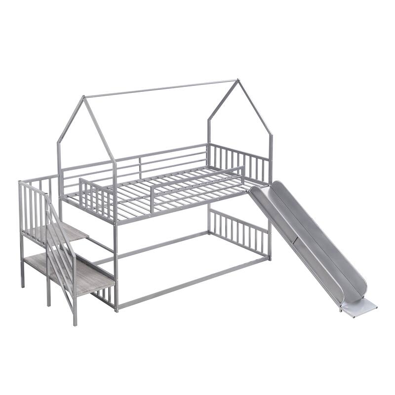 Twin Over Twin Metal Bunk Bed with Slide and Staircase, Silver