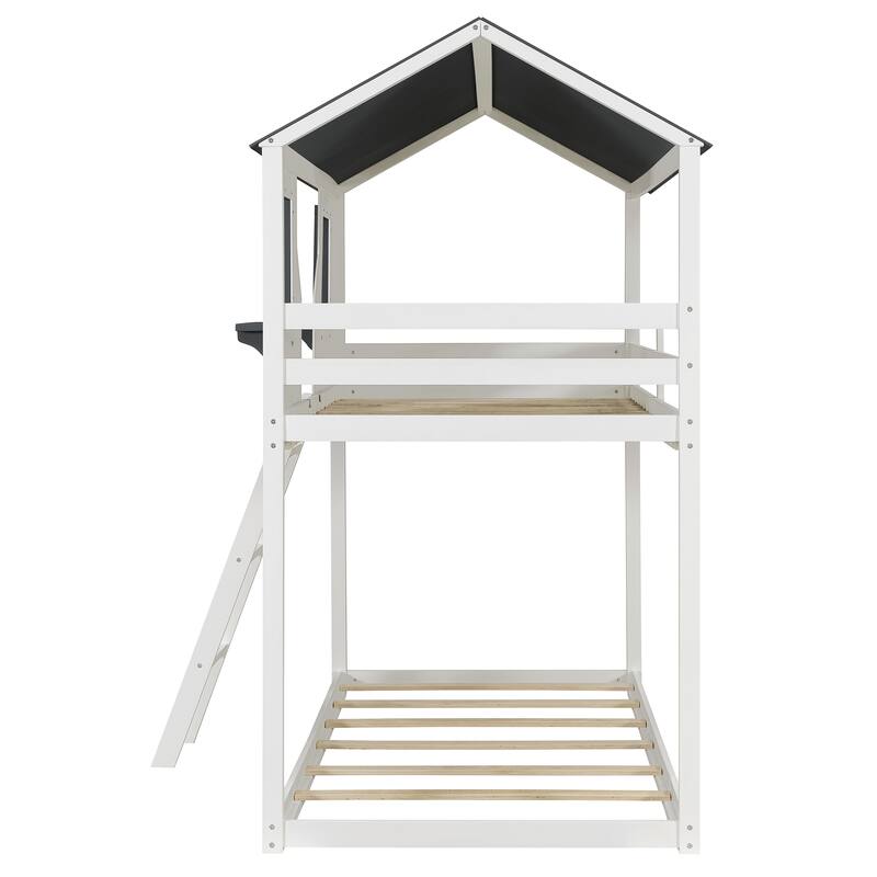 Kids House Bed Twin Over Twin Bunk Bed with Roof, Window and Shelves