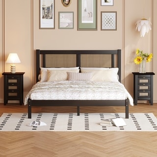 Queen Wooden Platform Bed Set with Rattan Headboard and Matching Nightstands
