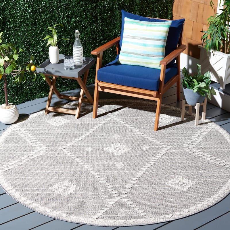 SAFAVIEH Global Dervla Moroccan Boho Tribal Indoor/ Outdoor Waterproof - 6'7" x 6'7" Round - Dark Grey/Ivory - Runner/Round