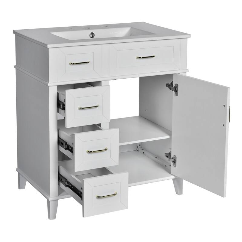 30-Inch Bathroom Vanity with Ceramic Sink, Adjustable Shelf, Soft Close Door, and 3 Soft Close Drawers