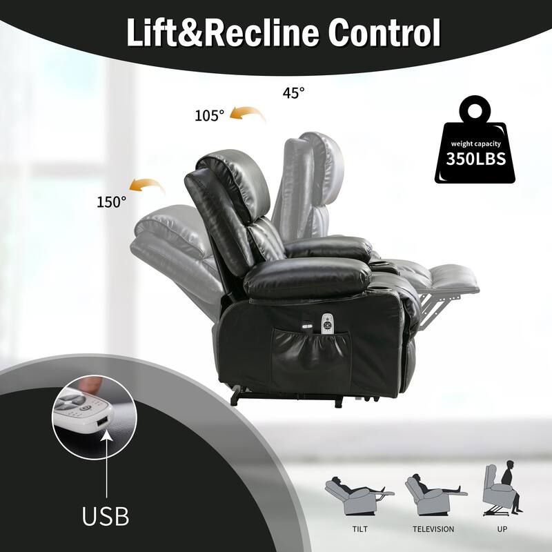 Power Lift Faux Leather Recliner Chair with Massage, Heat, USB Port, and Dual Storage Pockets