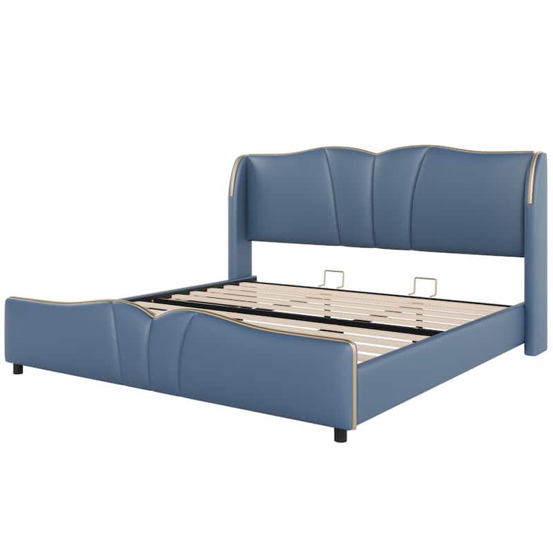 Christopher Knight Home - Emerson Modern Leather Upholstered Bed Frame with Wingback Headboard and Wavy Footboard