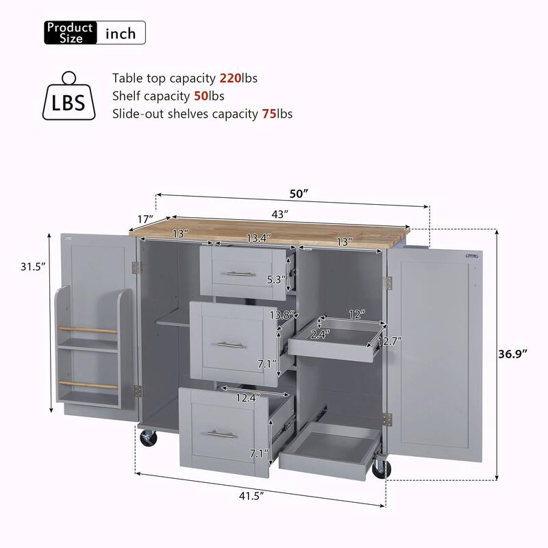 Rolling Kitchen Island with Rubber Wood Top, Drawers, Shelves, Internal Storage, Wheels, Spice & Towel Racks