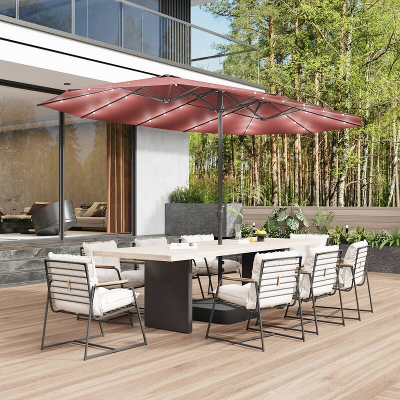 15ft Solar LED Double Patio Umbrella with Base, Extra Large Twin Outdoor Market Umbrella with 36 Lights, 180g Polyester Canopy