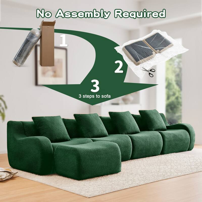 Anmytek Modern Plush L-Shaped 4-Seat Chaise Boneless Sofa - Teddy Fabric, 32D High Density Sponge, No Assembly