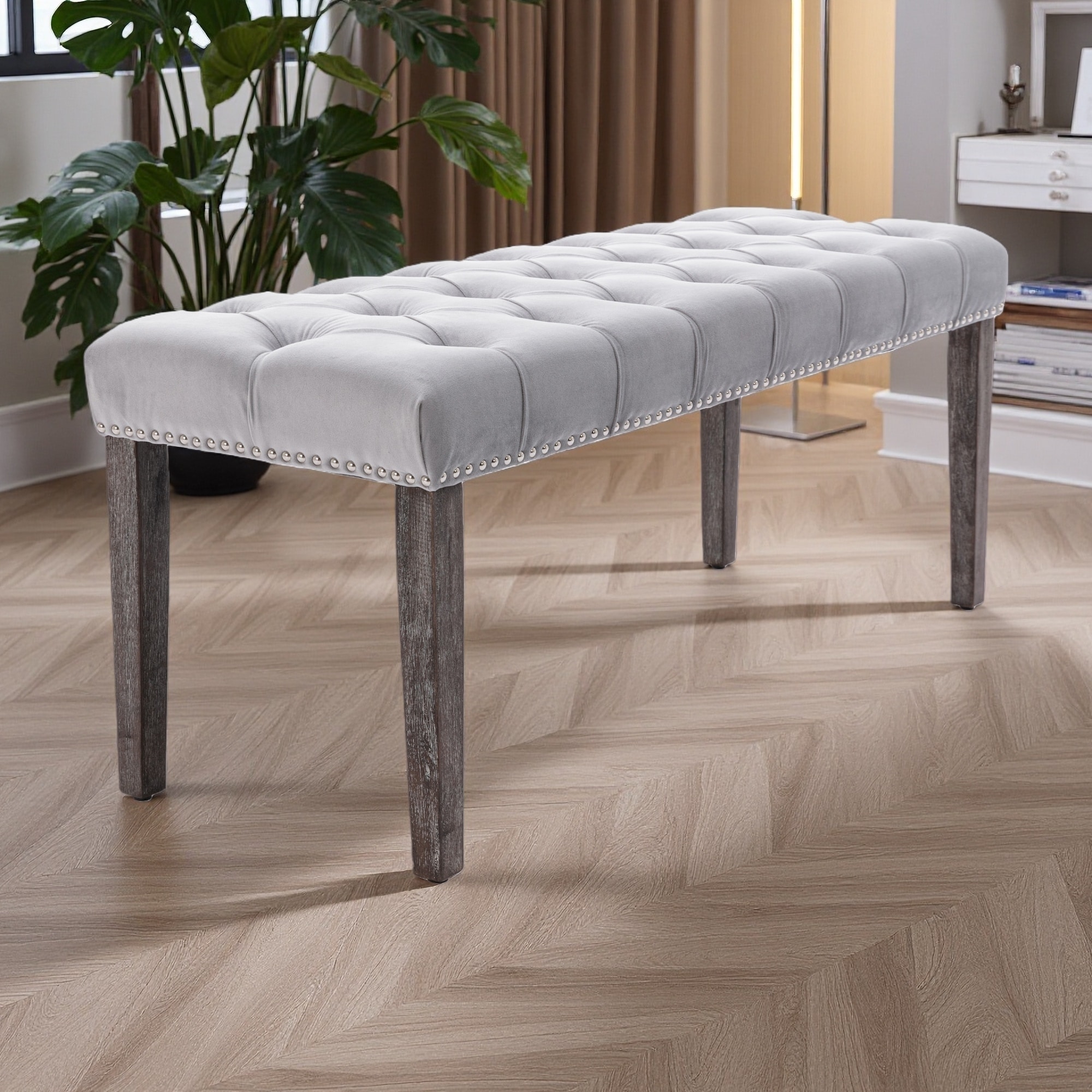 45.28"L Velvet Upholstered Tufted Bench Ottoman, Soft Cushioned Footrest Stool with Rubber Wooden Legs for Entryway, Dining Room