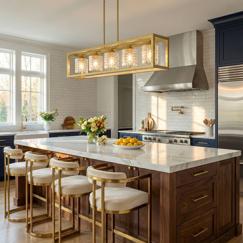 Modern Glam 5-light 37in Kitchen Island Lights Crystal Rectangle Chandelier