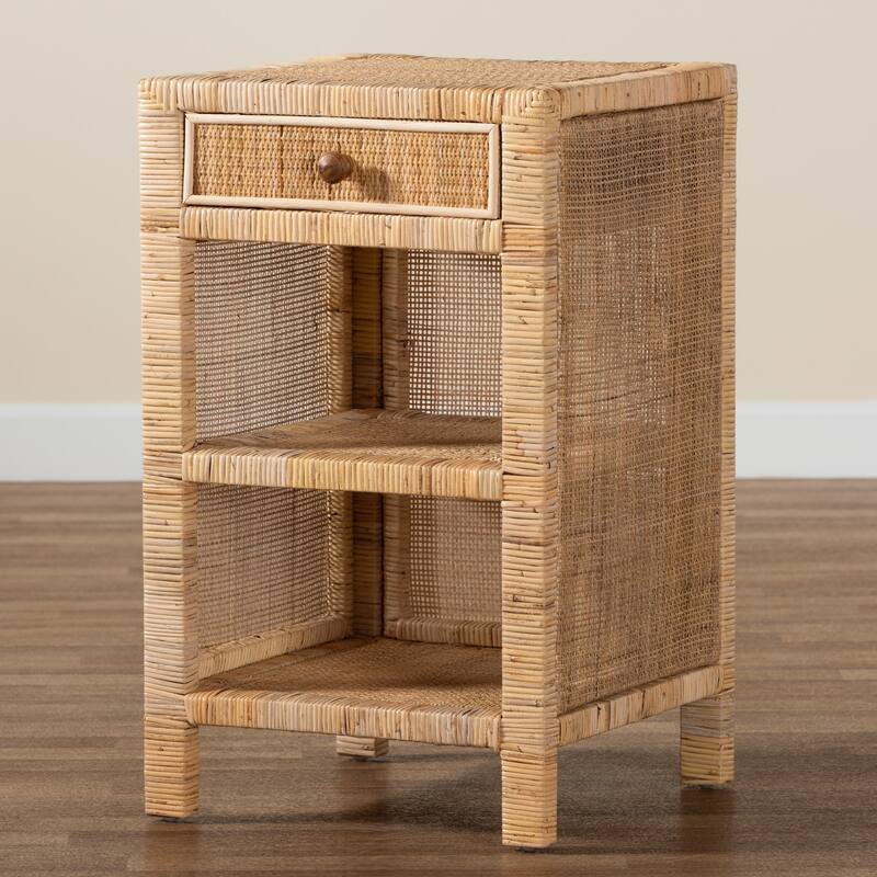 Bella Modern Bohemian Natural Brown Mahogany Wood and Natural Rattan 1-Drawer Nightstand