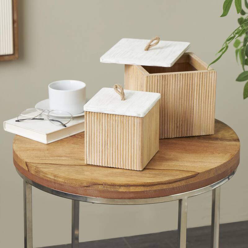 Wooden Washed Ribbed Storage Box with White Lids and Rope Handles - Set of 2 Brown - Roche River Decor