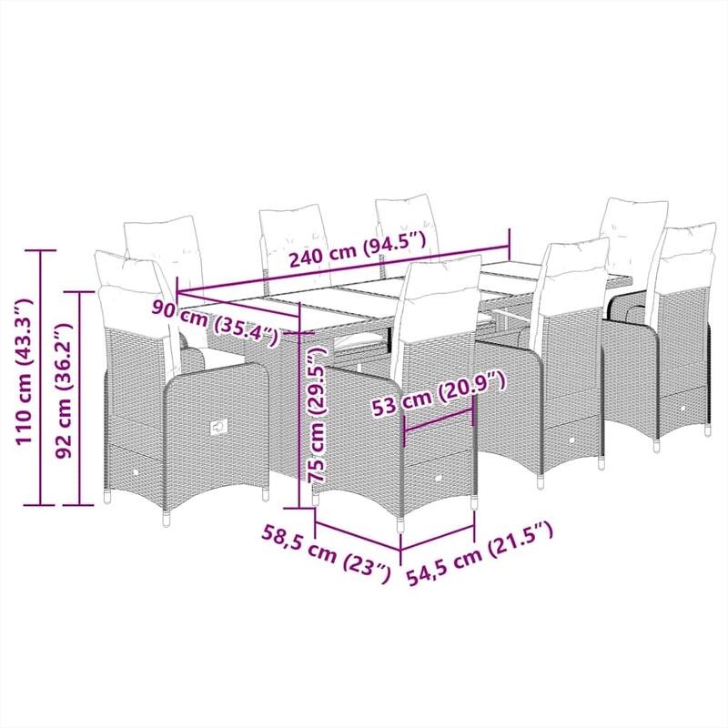 vidaXL Bistro Set Grey PE rattan Large Bistro Set Rectangular Modern - 21.5 x 23.0 x 36.2 in