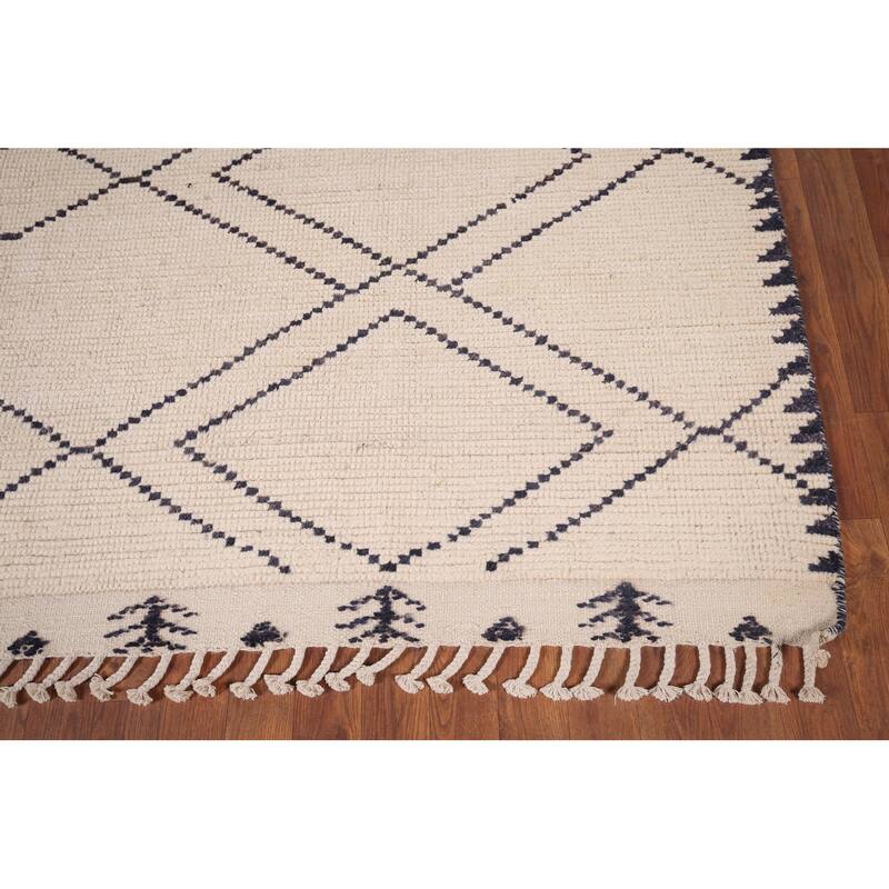 Trellis Geometric Ivory Moroccan Area Rug Handmade Wool Carpet - 7'11"x 10'9"