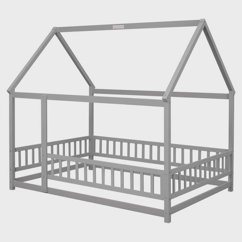 Full Size Floor Wooden Bed with House Roof Frame