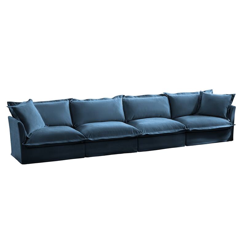 Modern 4 Seater Upholstered Sofa with 2 Pillows - Blue,Chenille