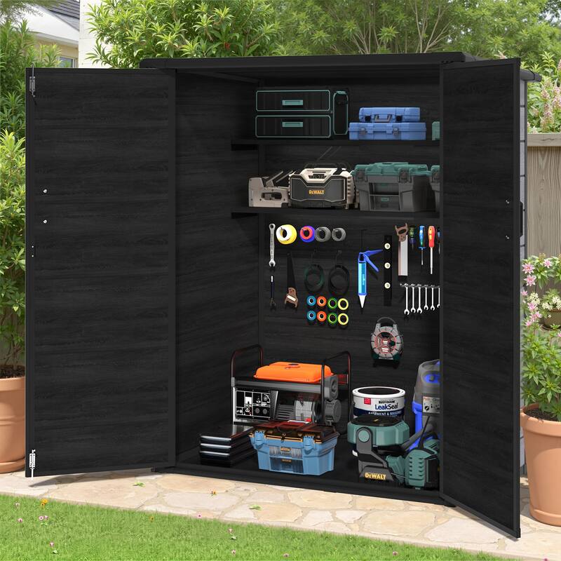 4.6FT×5.6FT Outdoor Resin Storage Shed with Floor, 2-Tier Shelving, Wood Grain Finish & Pitched Roof