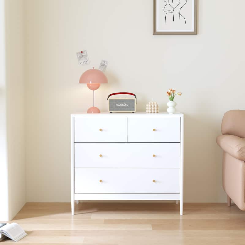 Anmytek White 4 Drawer Dresser Minimalist Storage Chest with Wood Knobs