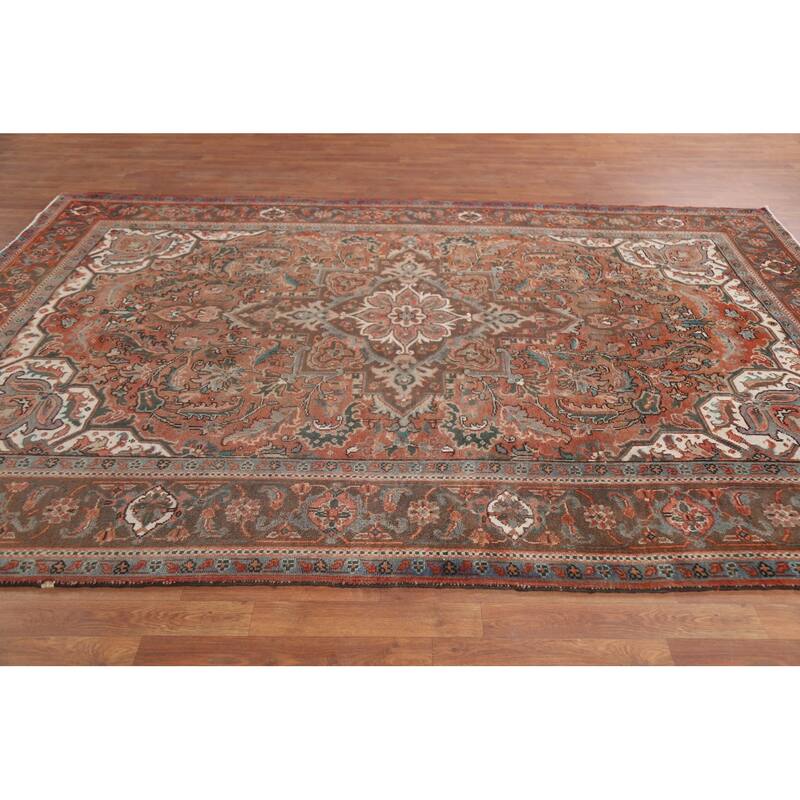 Hand Knotted Oriental 100% Wool Carpet Traditional Floral Red Heriz Area Rug - 10' 0'' X 7' 1''
