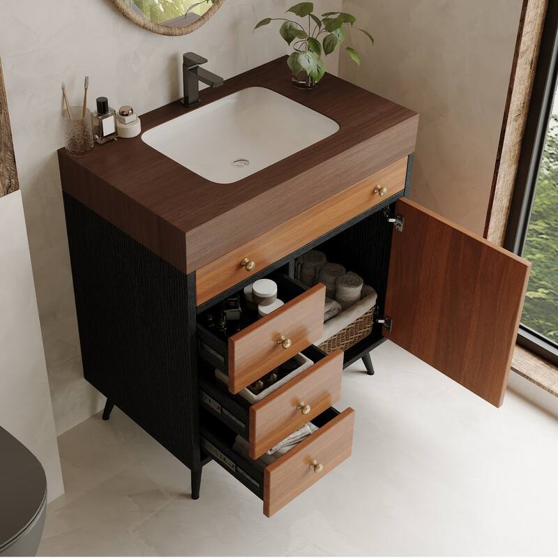 29.9" Modern Free-Standing Bathroom Vanity - Ceramic Sink & Sintered Stone Top Cabinet