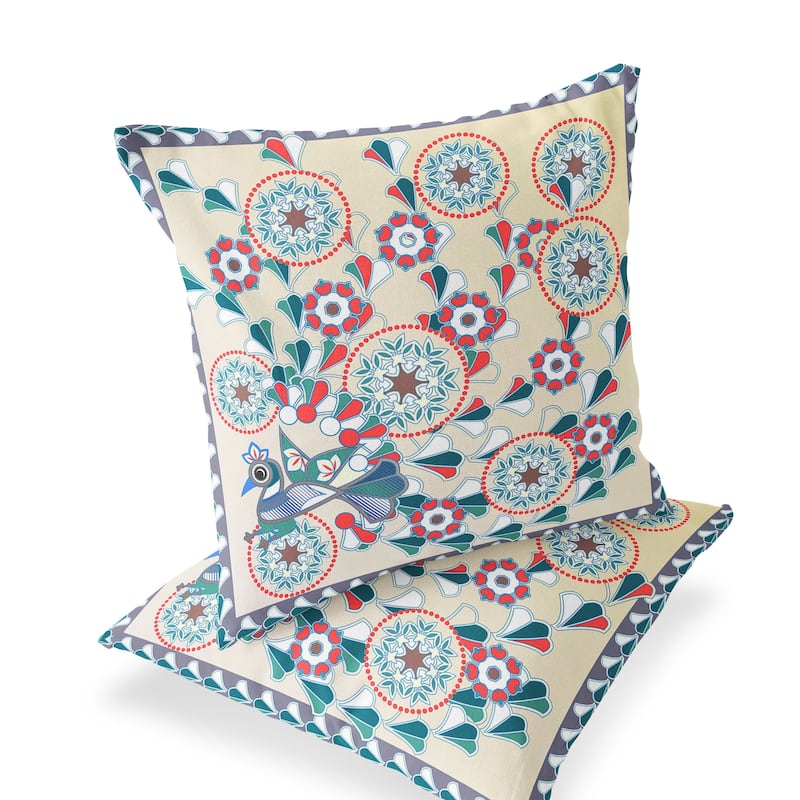 HomeRoots Set of Two 16" X 16" Green and Red Peacock Blown Seam Floral Indoor Outdoor Throw Pillow - 16.00' X '16.00' X '5.00