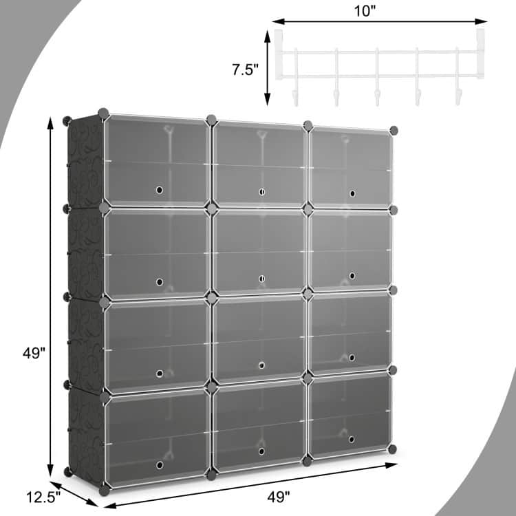 12-Cube Modular Shoe Rack Cabinet with Hooks & Doors - 49" x 12.5" x 49" (L x W x H)