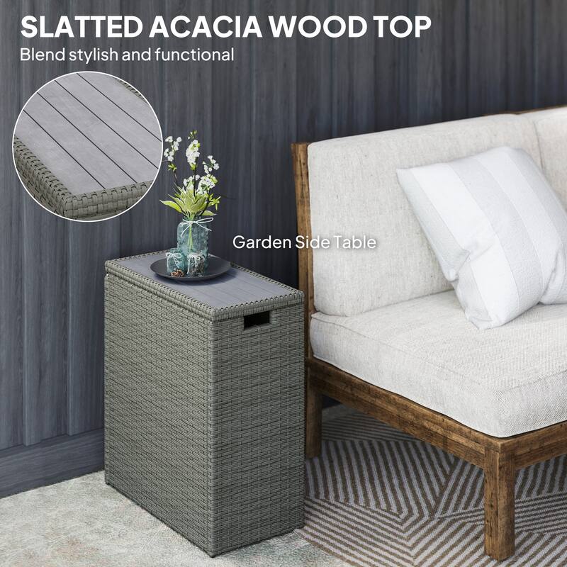 Outsunny 17-Gallon Small Deck Box, UV Resistant Wicker Outdoor Storage Box with Slatted Acacia Wood Top