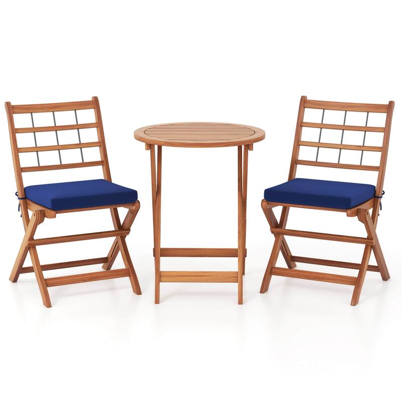 Folding Patio Bistro Set Acacia Wood Balcony Furniture Teak Table Set - Navy