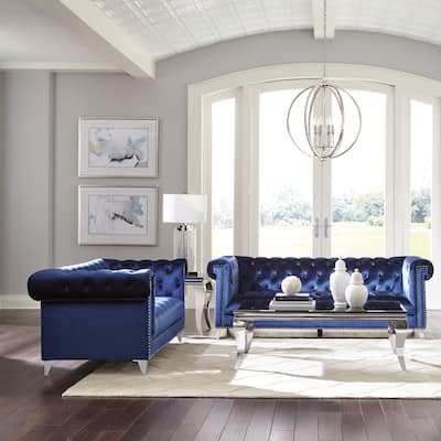 Bleker Blue Upholstered Tuxedo Arm Tufted Sofa Set