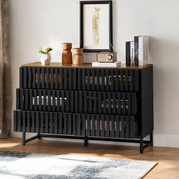 6-Drawer Dresser with Slatted Grille Striped Drawers, Modern Storage  Cabinet, Black+Brown - Bed Bath & Beyond - 42318292