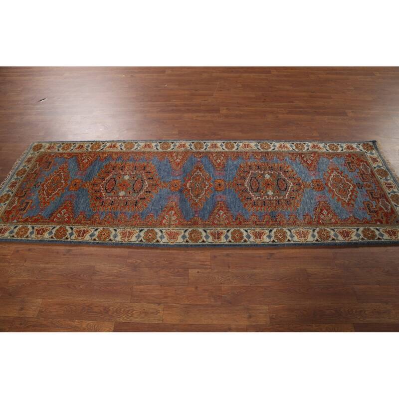 Blue Geometric Khotan Indian Runner Rug Hand-Knotted Wool Carpet - 2'8"x 7'10"