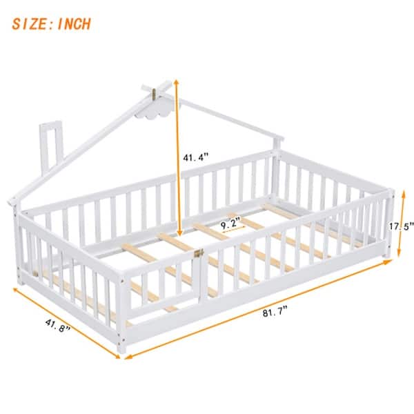 dimension image slide 0 of 5, Wooden Montessori Floor Bed with Guardrails, House-Shaped Floor Bed, Wood Slat Support