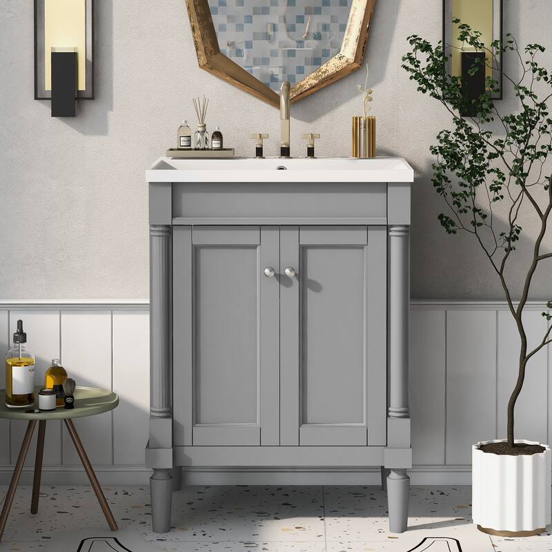2-Tier Modern Bathroom Vanity with Top Sink and Large Storage Shelves