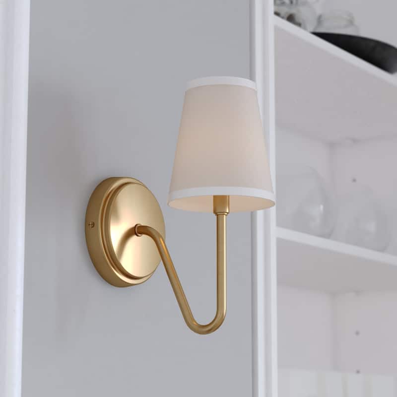 Briar 1 Light Traditional Wall Sconce White Linen Shade - Muted Brass - 5-in W x 13.25-in H x 8-in D