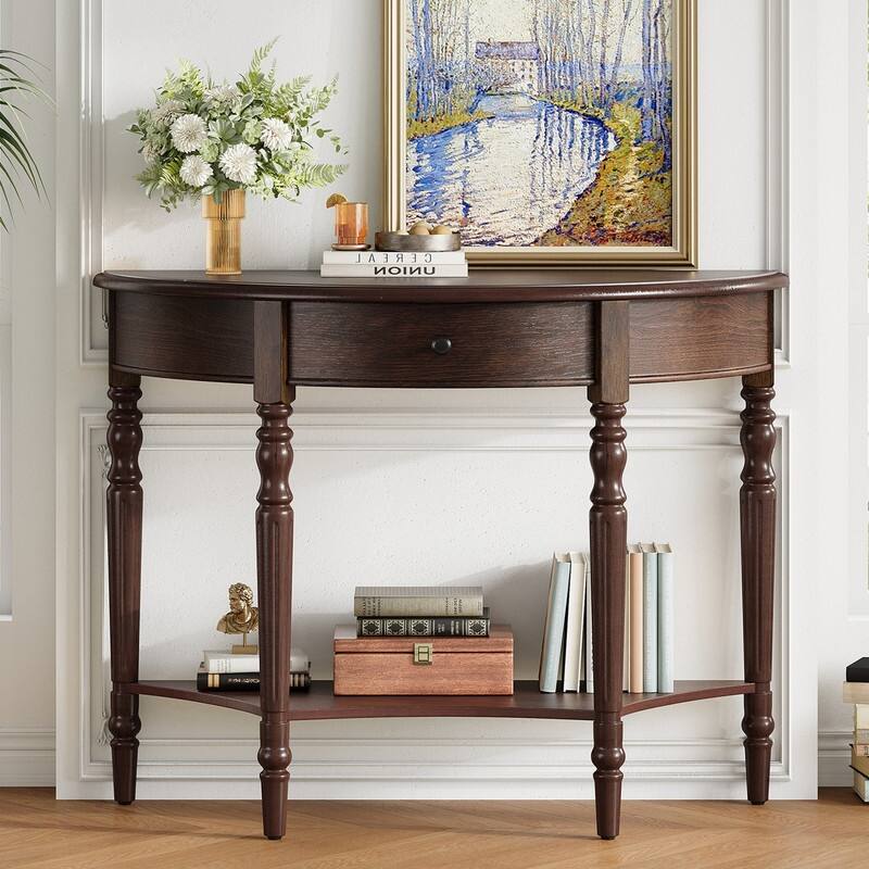 Farmhouse Half Moon Console Table with Drawer and Shelf for Entryway and Living Room Decor - Espresso