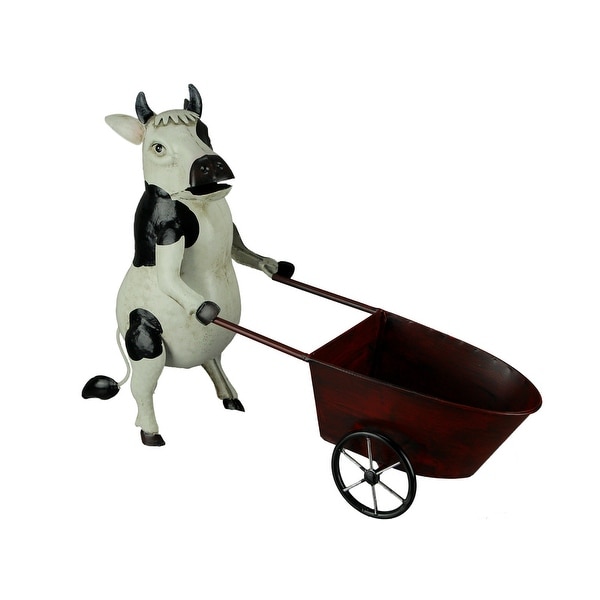 Black and White Metal Art Cow Pushing Cart Planter Sculpture - 12 X 12.5 X 5 inches