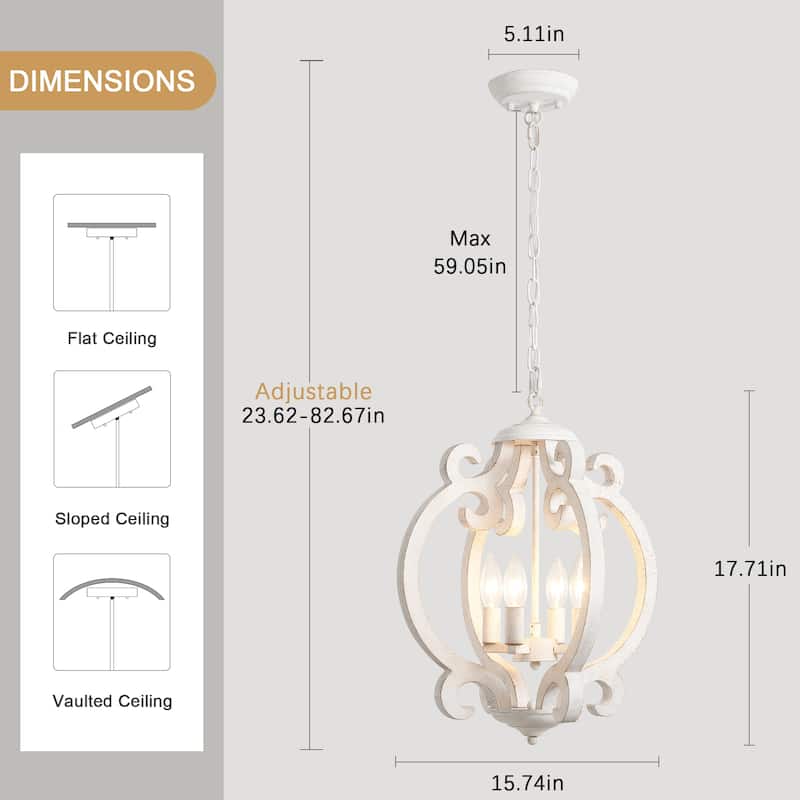 4-Light Antique Wood French Country Chandelier Vintage Pendant for Dining Room