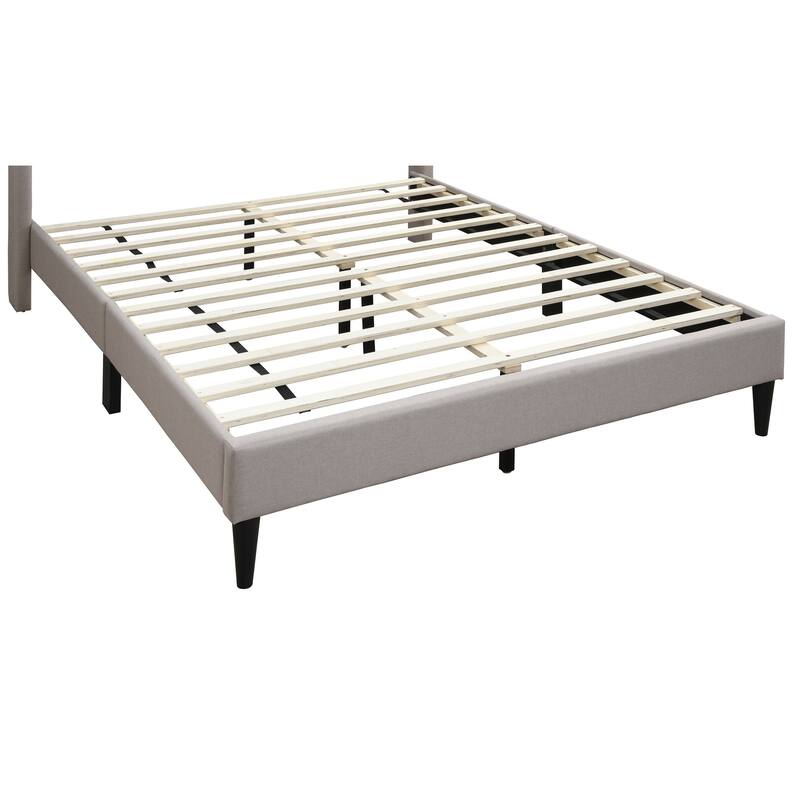 Queen Size Platform Bed with Diamond Tufted Headboard in Light Brown Burlap Fabric