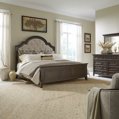 Paradise Valley Saddle Brown Upholstered Bed, Dresser and Mirror Set