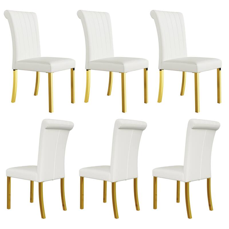 Luxury PU Leather Parsons Dining Chairs Side Chairs with Rolled Back and Stainless Steel Legs - White and Gold - Set of 6