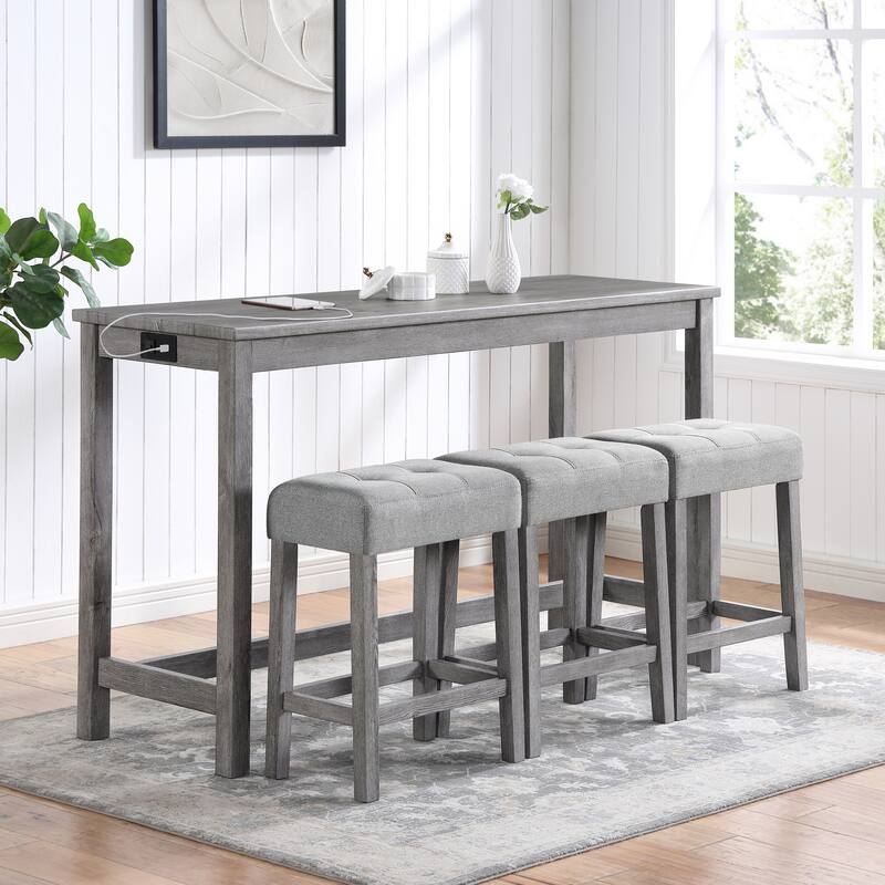 4 Piece Dining Table Set with 3 Upholstered Seat, Grey Bar Table Set with Power Outlet, 3 Ergonomic Backless Stools