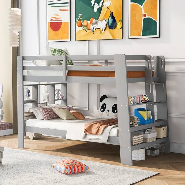 slide 2 of 8, Grey Twin over Twin Bunk Bed with Built-in Ladder, and Ample Storage Shelves, Pine Wood Frame Grey