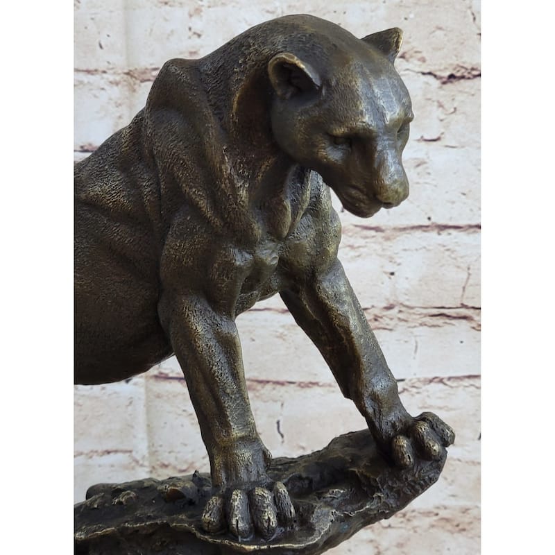 Puma Cougar Lioness Mountain Lion Standing On Rock Bronze Sculpture Statue Marble Base