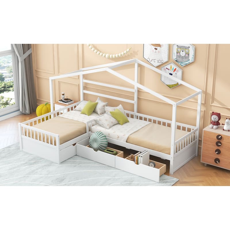 Pine L-Shaped Twin House Platform Bed with Three Drawers