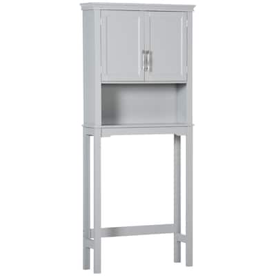 Grey Space-Saving Bathroom Cabinet with Classic Shaker Door and Open Storage Shelf - 28" W x 8" D x 65" H