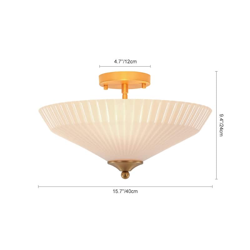 Mid-Century Scalloped Milky Glass Shallow Cone Semi Flush Light - 15.7 Inches