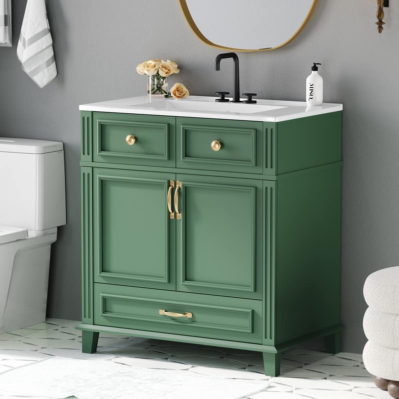 30'' Bathroom Vanity with Ceramic Sink,Solid Wood Frame Bathroom Storage Cabinet with Soft Closing Doors,Retro Style - Green