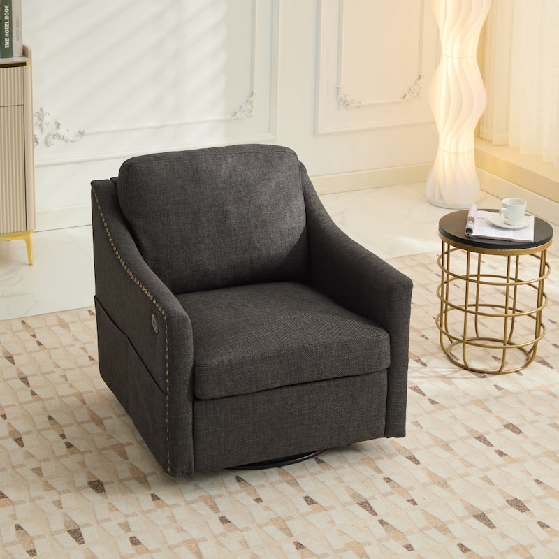 Cream Dark Gray Swivel Accent Chair with USB & Magazine Pockets