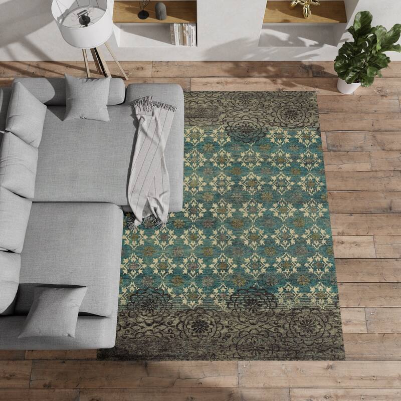 Timeo Hand Knot Oriental Area Rug, Teal Green/Coffee Brown