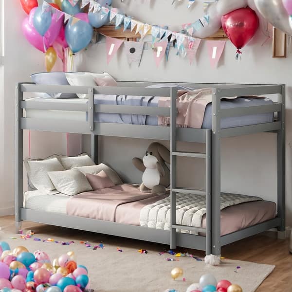 slide 2 of 12, Twin Over Twin Floor Bunk Bed With Ladder For Kids for Home Grey